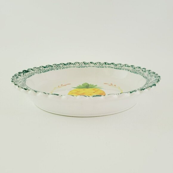 Ceramic Pie Plate Pineapple Design, Orange & Yellow w/ Green Trim Summer Decor - Picture 2 of 10